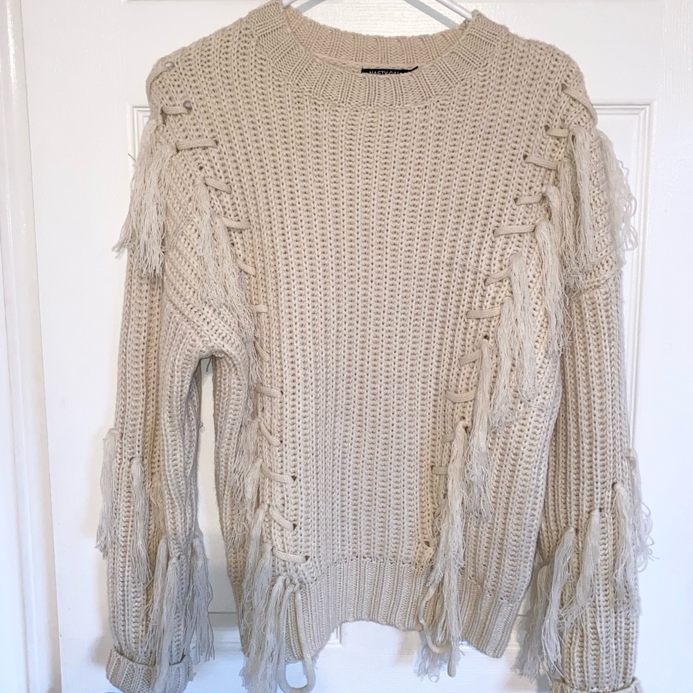 Nasty Gal Cream Ribbon- Ribbed Sweater - Size S